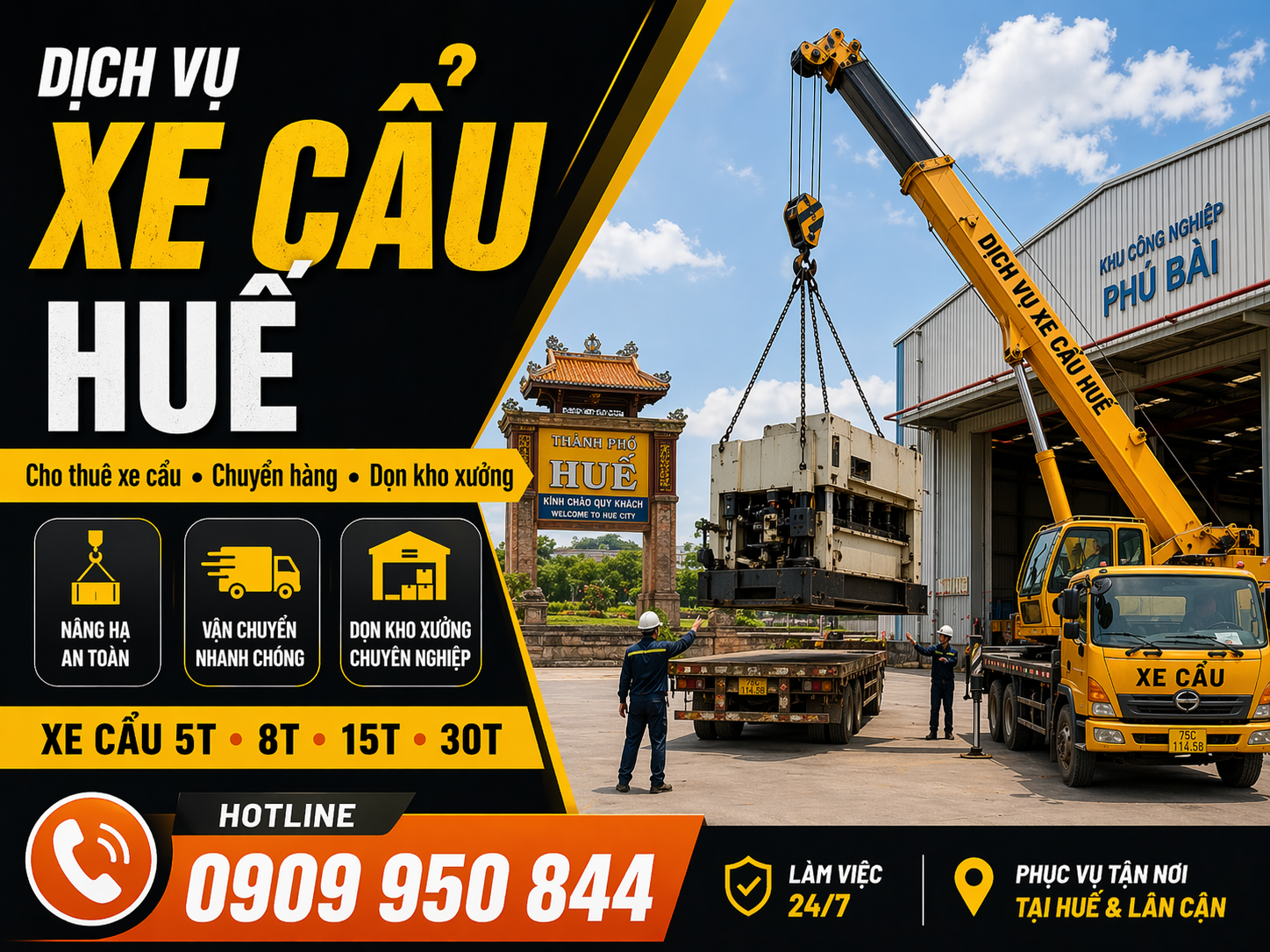 Dịch vụ cho thuê xe cẩu tải / chuyển hàng / dọn kho xưởng ở Huế