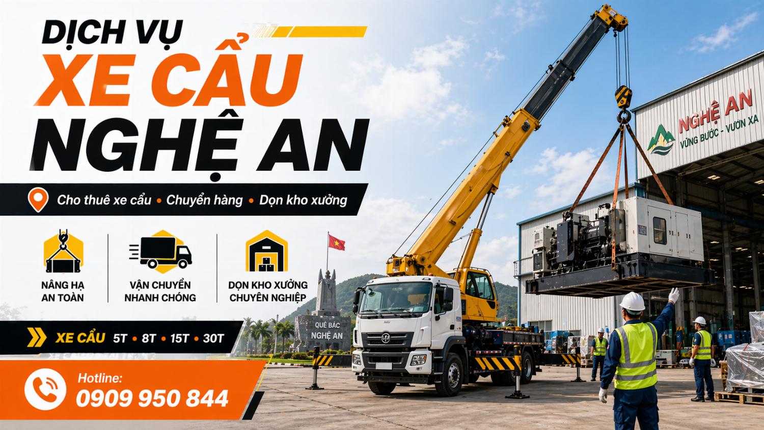 Dịch vụ cho thuê xe cẩu tải / chuyển hàng / dọn kho xưởng ở Nghệ An