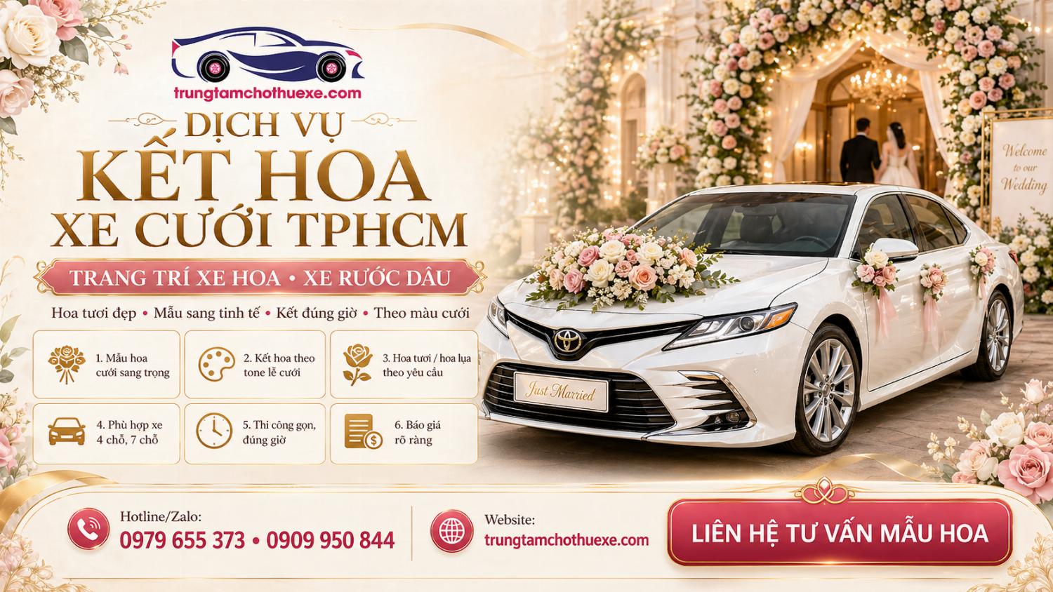 Dịch Vụ Kết Hoa Xe Cưới Ở TPHCM Đẹp, Tinh Tế, Hợp Từng Dòng Xe